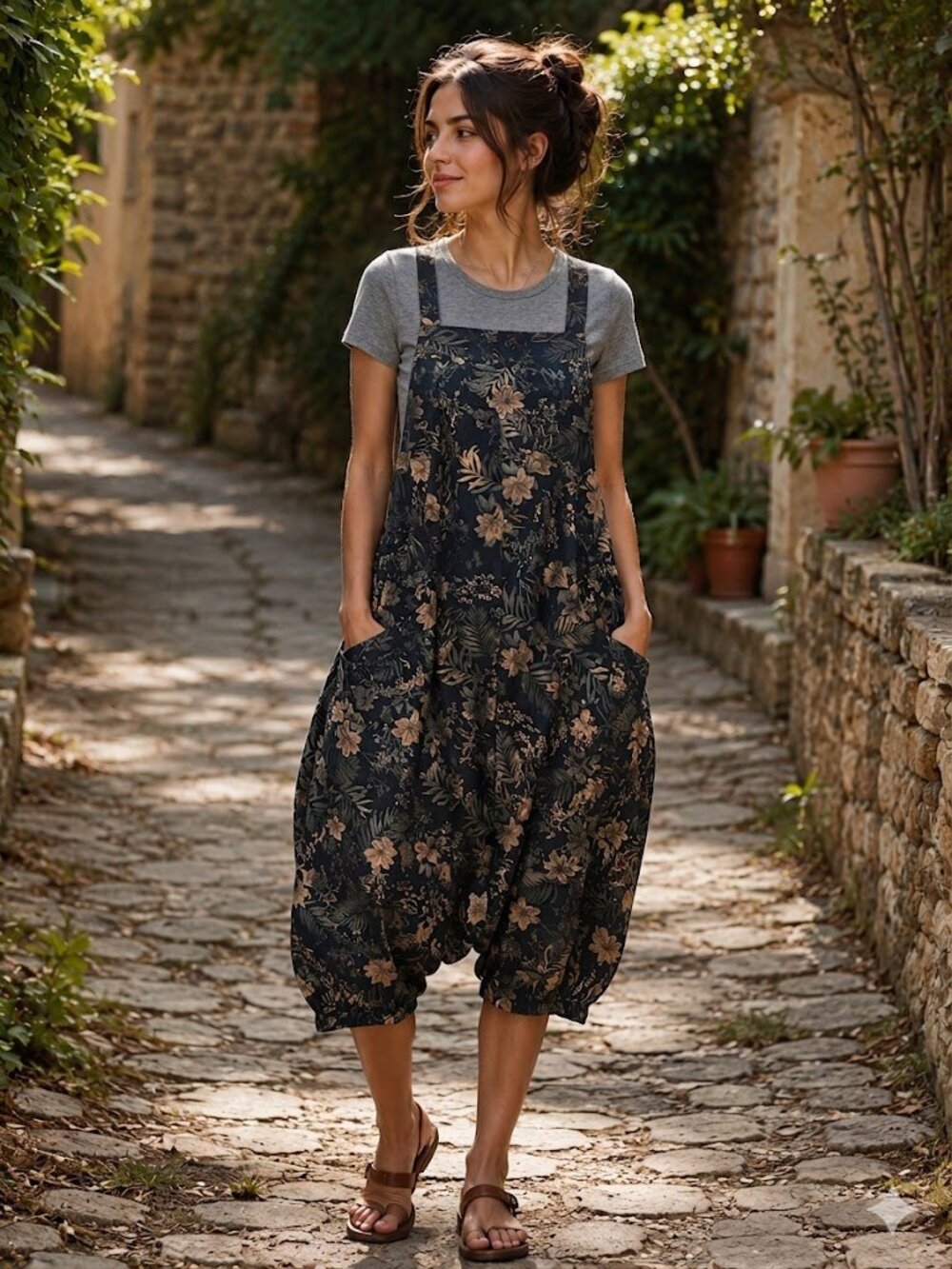 Women's Oversized Denim Jumpsuit — Skirt-Pants with Pockets and Floral Pattern